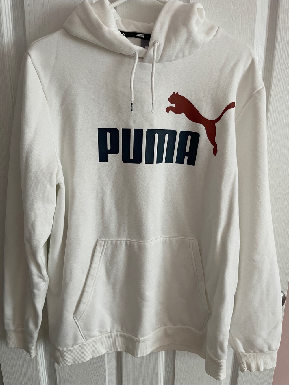 Puma White Crewneck Hoodie with Red Puma Leaper and Navy Logo